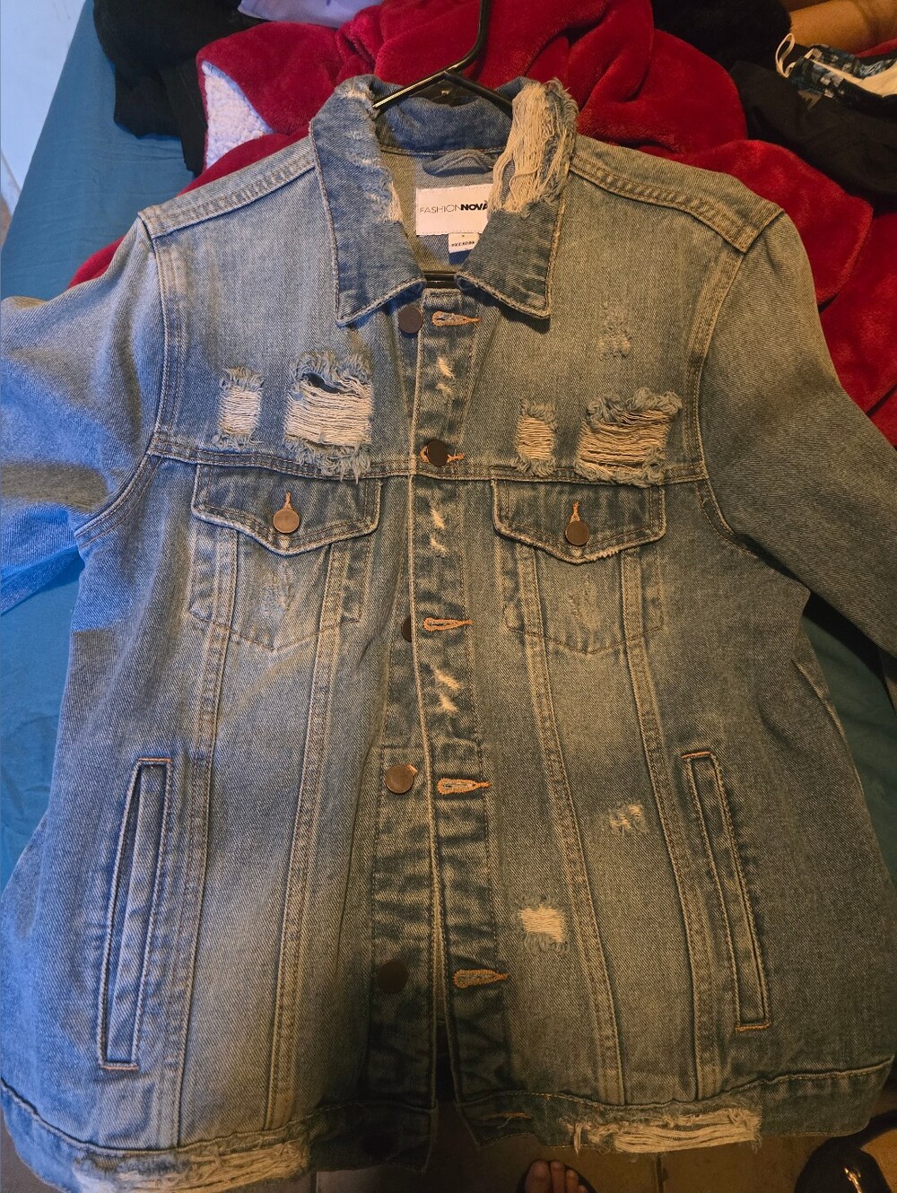 Fashion Nova Distressed Small Blue Denim Jacket with Frayed Accents